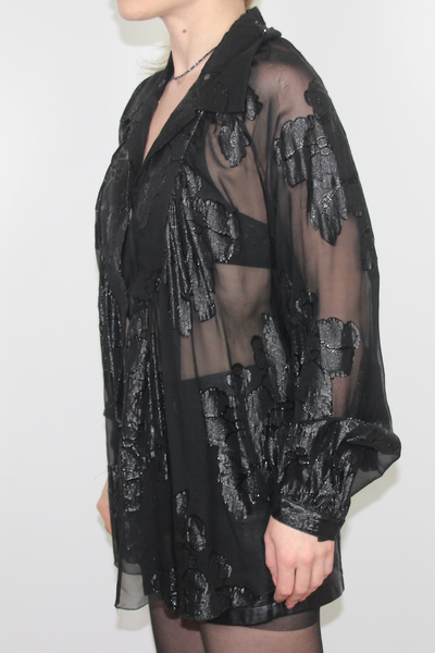 Poleci Black Mesh Embroidered Blouse--0243