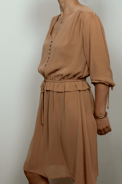 Chiffon Vintage Midi Dress In Tan