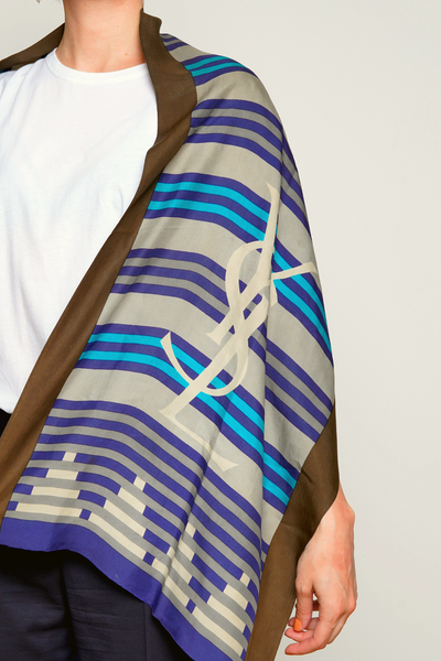 YSL Scarf Blue Striped Silk Shawl.