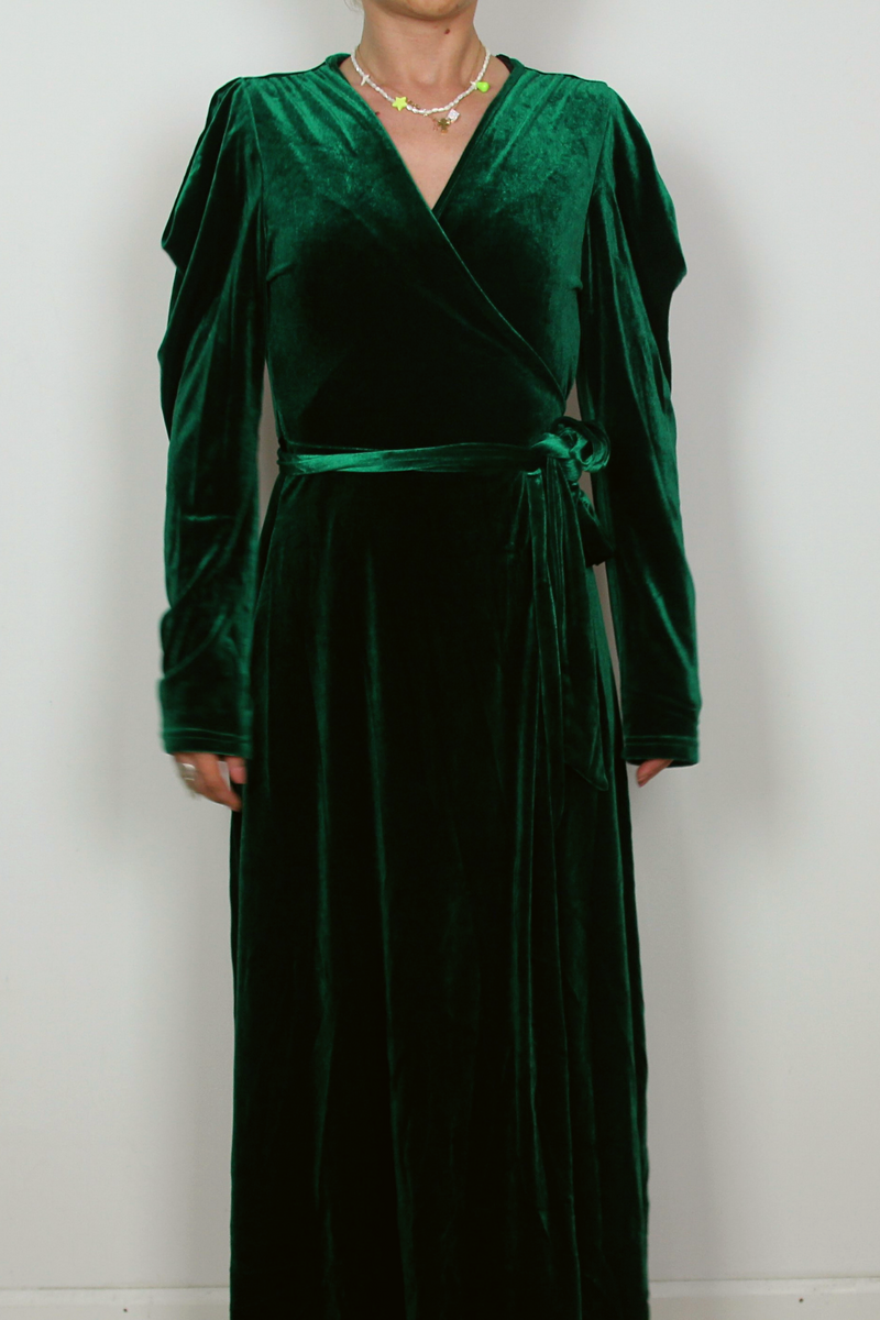 Emerald Green Velvet Dress, Long Sleeve Velvet Dress, Wrap Maxi