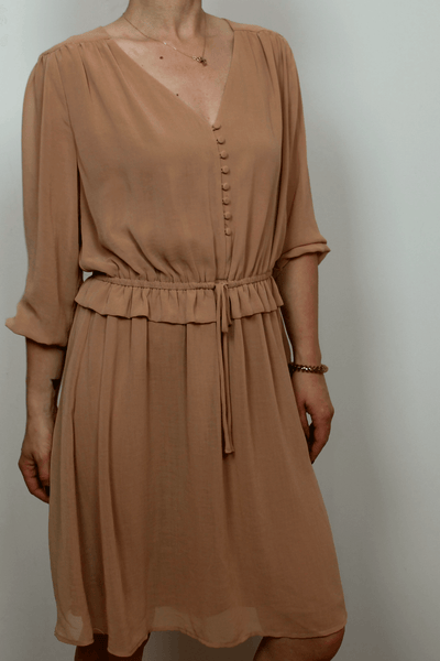 Chiffon Vintage Midi Dress In Tan