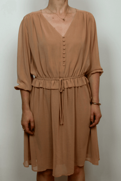 Chiffon Vintage Midi Dress In Tan