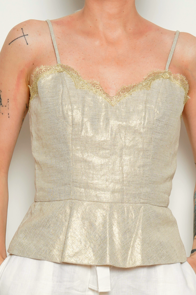 Lace Trim Cami Strap Tank Top in Beige