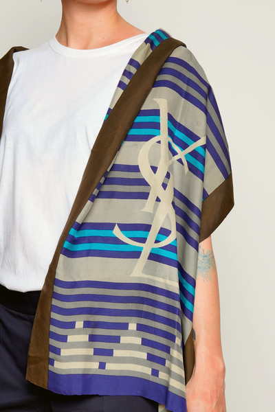 YSL Scarf Blue Striped Silk Shawl.
