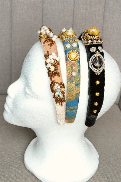 Handmade black velvet headband with beads.