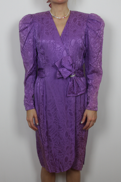 80’s purple geometric print dress with a bow