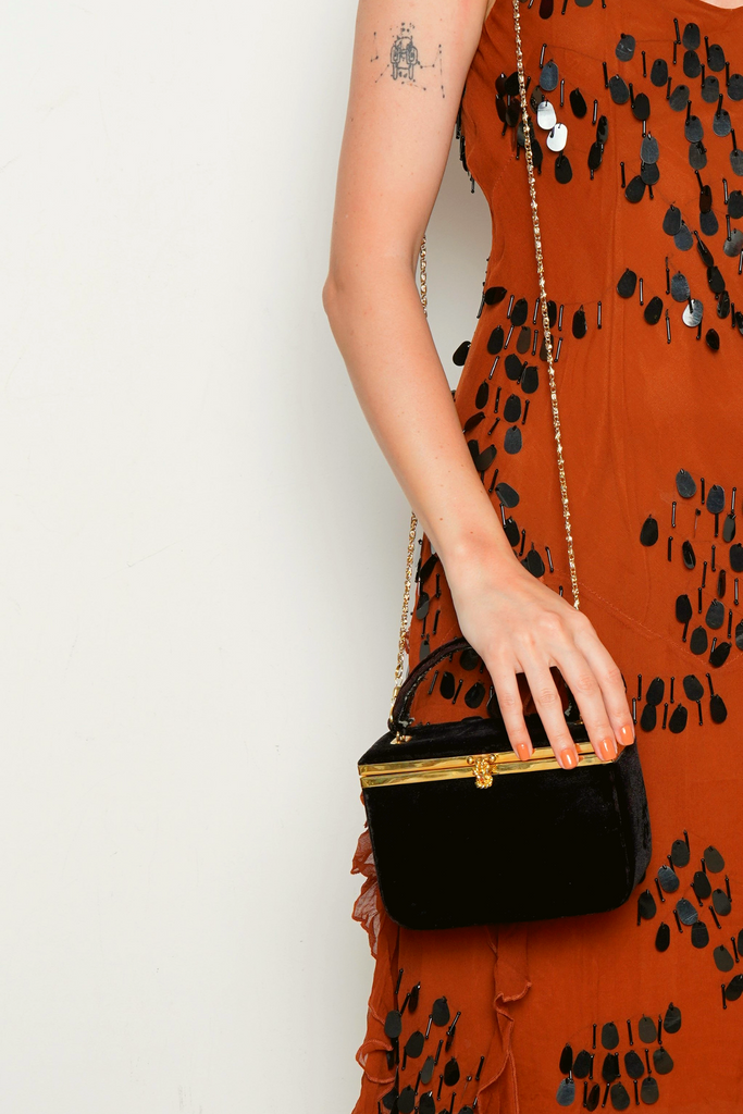 Black Velvet bag with gold metal clasp and shoulder chain. taegclothing Black Velvet bag with gold metal clasp and shoulder chain. taegclothing