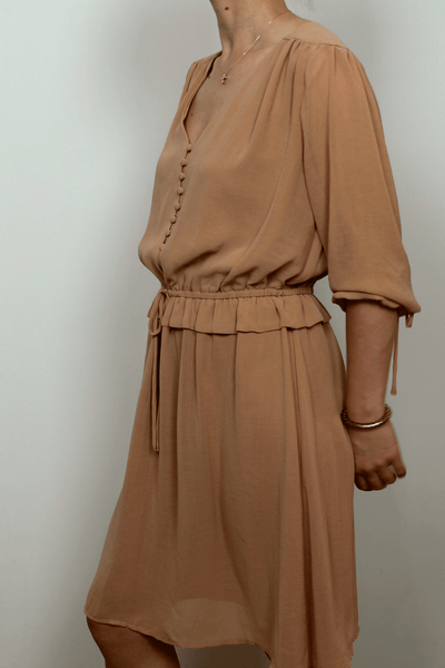 Chiffon Vintage Midi Dress In Tan