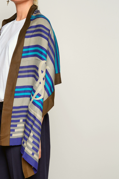 YSL Scarf Blue Striped Silk Shawl.