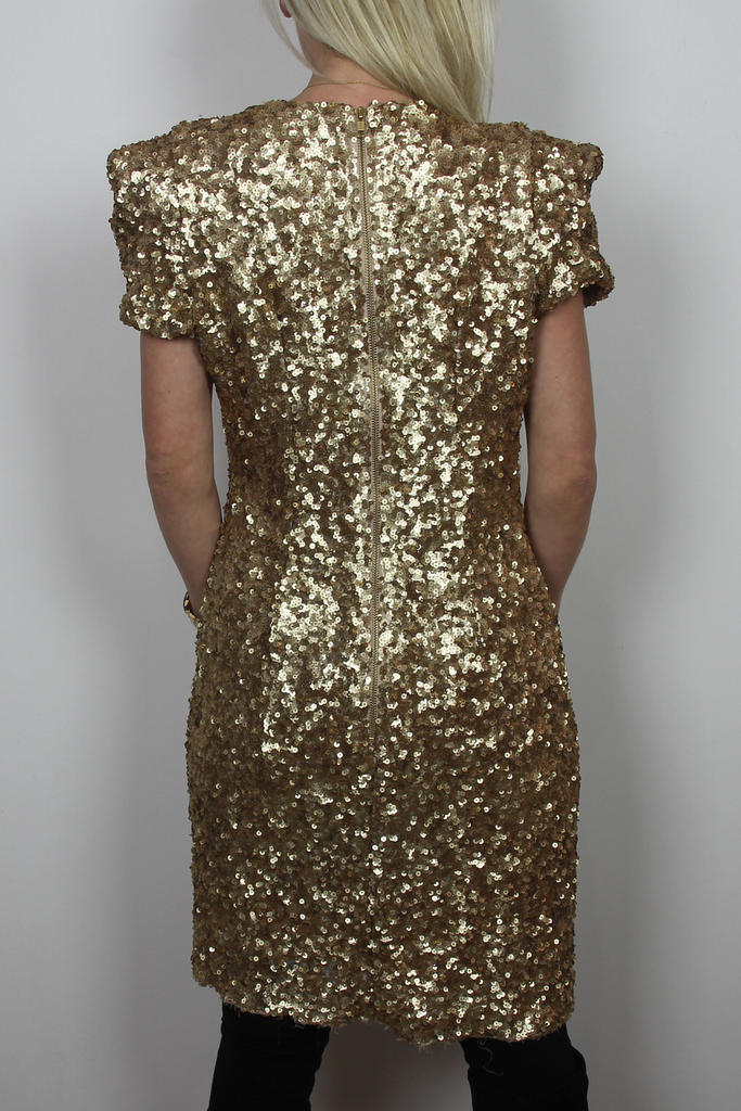 Gold sequined party dress French Connection taegclothing